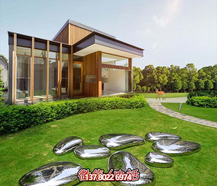 高端室內(nèi)草坪裝飾，不銹鋼雕塑鏡面石頭安放