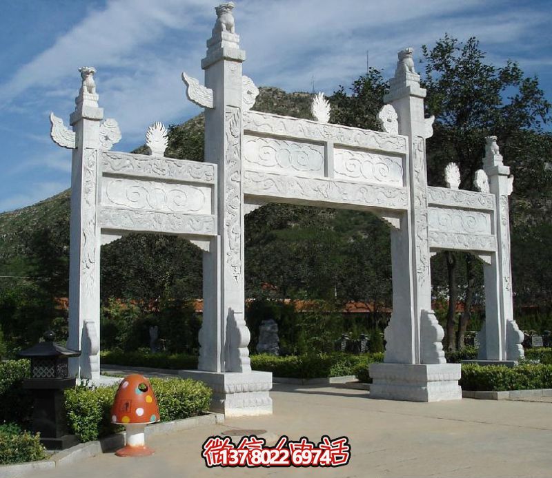 精致園林景觀，漢白玉華表浮雕祥云門樓石牌坊