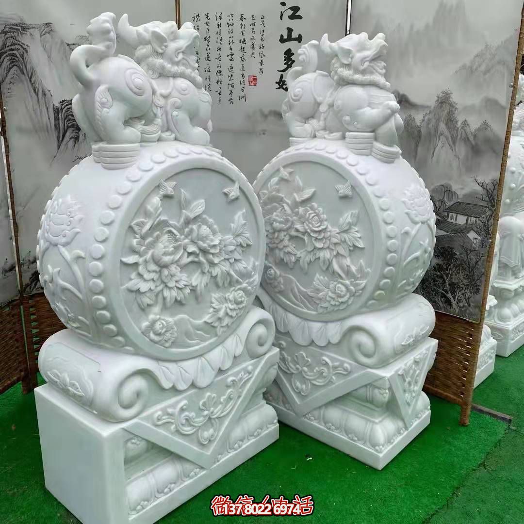 天然優(yōu)質(zhì)漢白玉浮雕麒麟抱鼓石，裝點你的庭院門口