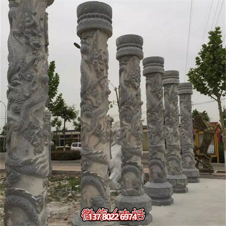 天然大理石浮雕龍盤柱，裝飾園林廣場的精美擺件