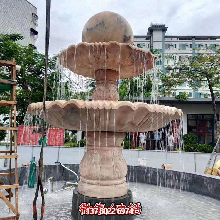 歐式大理石石雕流水噴泉，紅晚霞點(diǎn)綴
