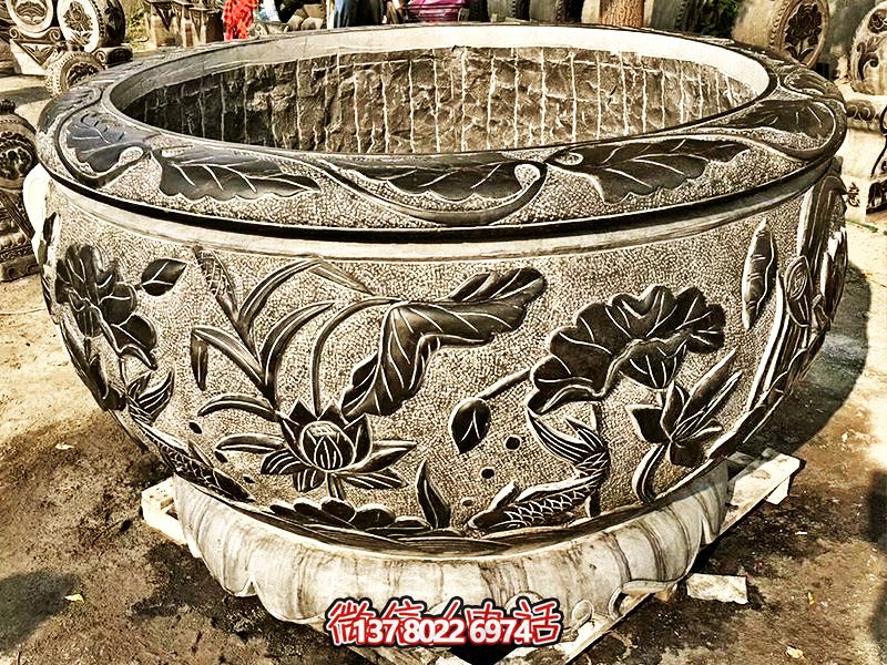 精美大理石浮雕蓮花缸，現(xiàn)代庭院裝飾雕塑