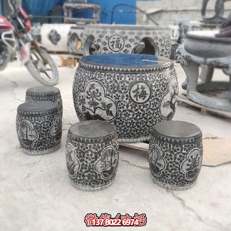 梅蘭菊竹浮雕石桌石凳，休閑庭院圓形裝飾