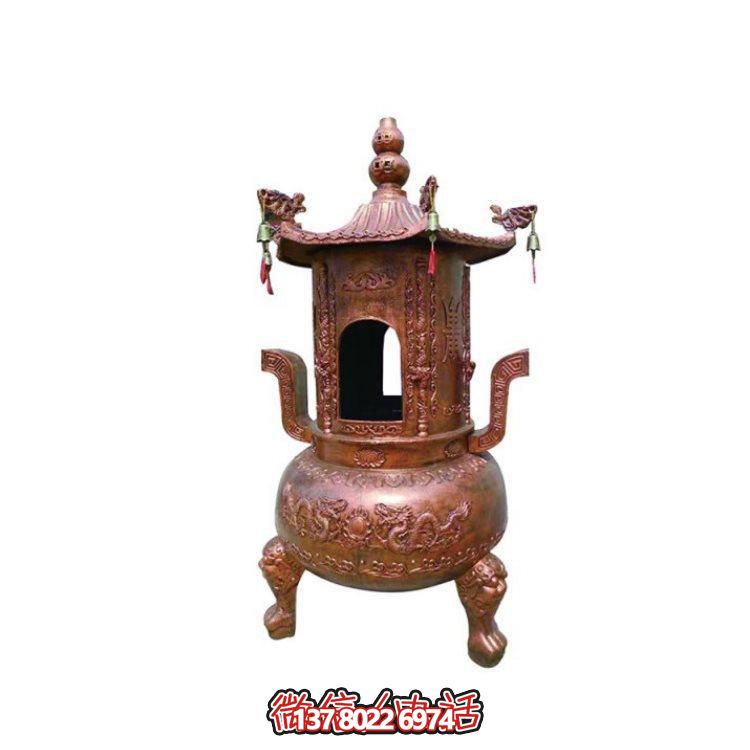 純銅香爐四柱舍利塔，裝飾寺院舍利