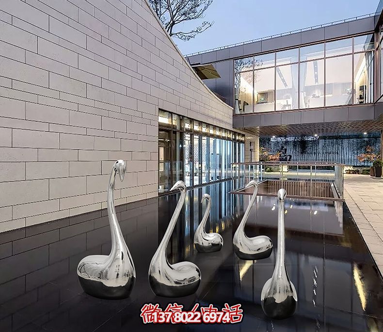 不銹鋼創(chuàng)意天鵝雕塑，鏡面水中裝飾別墅
