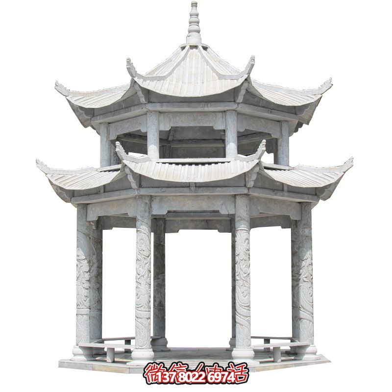 精美大理石雙層柱涼亭，雕塑點綴休息亭