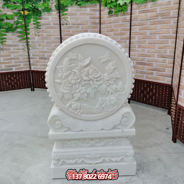 中式風(fēng)格天然漢白玉石雕抱鼓浮雕門墩，花開富貴