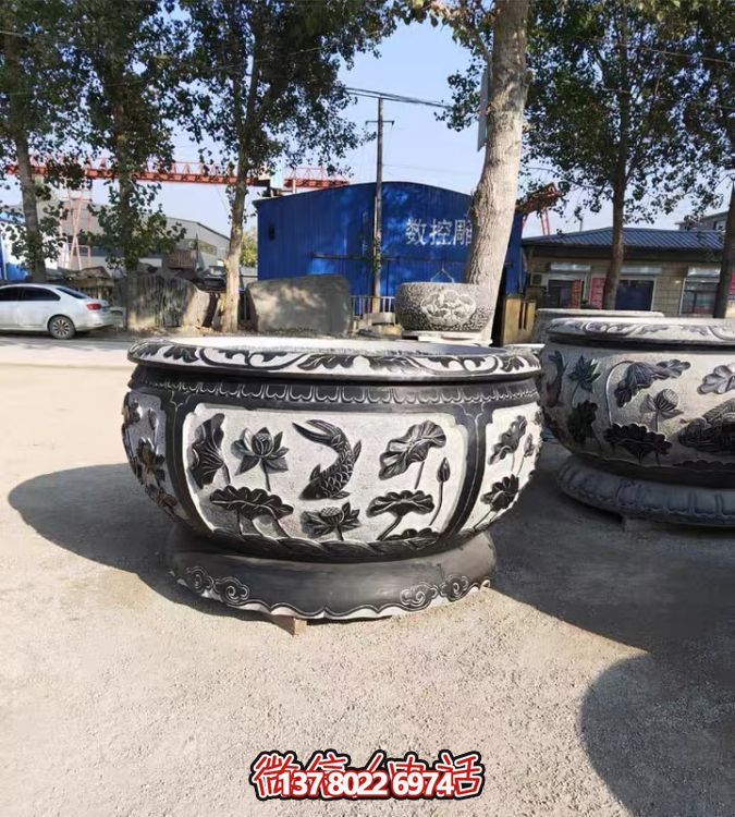 古典仿古石雕魚缸，添點家園庭院荷花水景