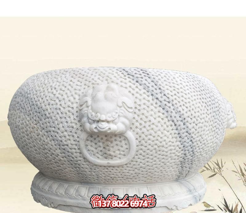 精美狴犴圓形雕塑，點綴庭院水缸浮雕