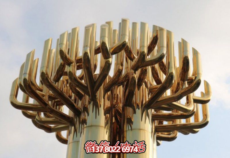 不銹鋼大樹雕塑，金色噴涂