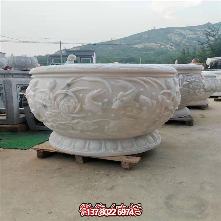 古典經(jīng)典，漢白玉鯉魚雕刻圓形水缸
