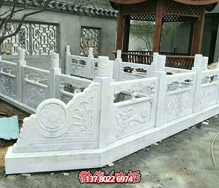 唯美古典庭院，池塘裝飾雕塑，漢白玉欄桿