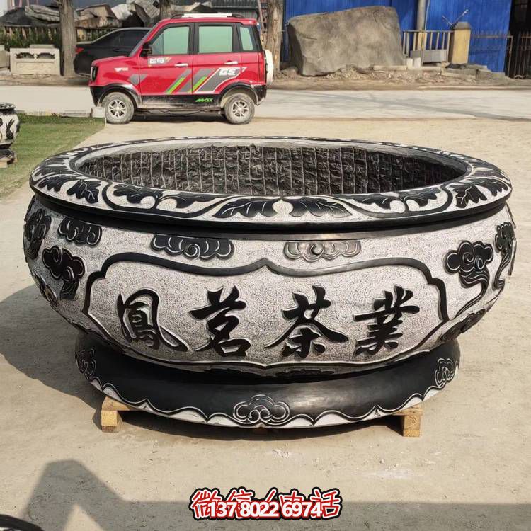 仿古青石荷花水缸，配合庭院戶外，點(diǎn)綴人間養(yǎng)魚園