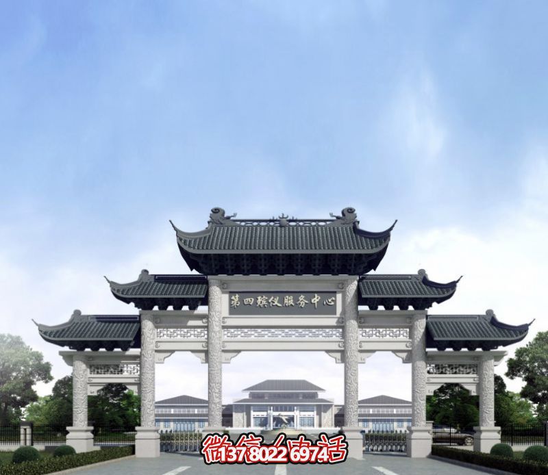 一座新式殯儀館五門景觀、青瓦斗拱、牌樓等高雅裝飾