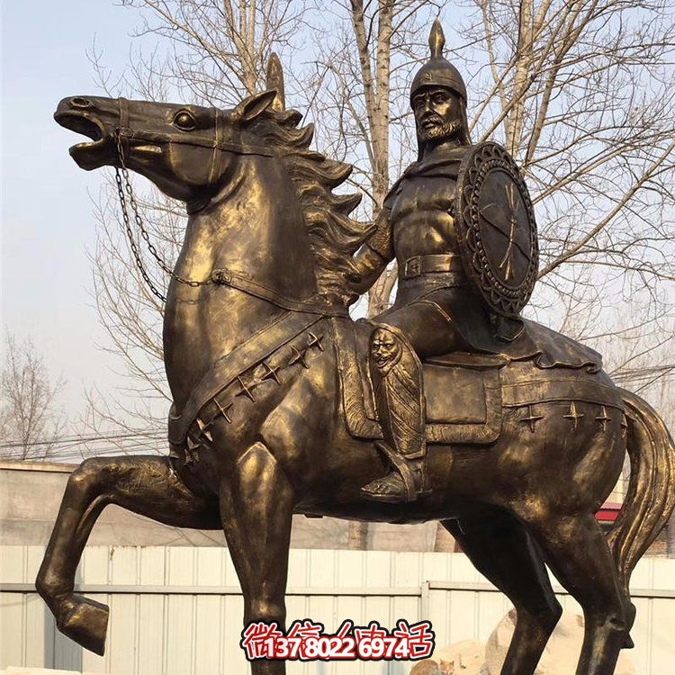 西方古代的騎馬士兵銅雕，手持盾牌騎馬身上的西方戰(zhàn)士